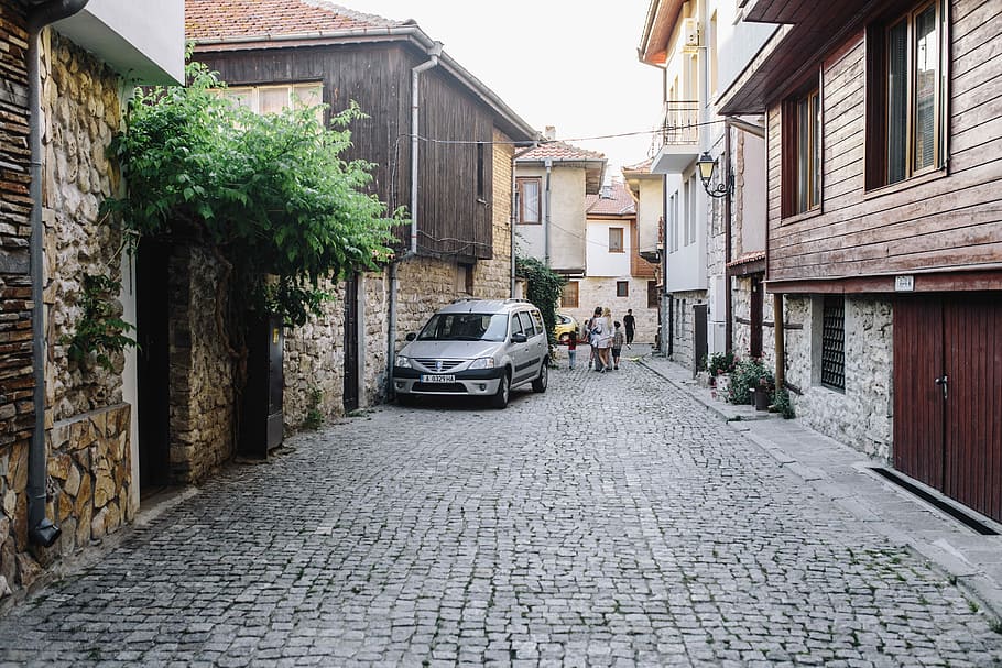 estrecho, calles, antiguo, casas, ciudad nessebar, casco antiguo, Nessebar, Bulgaria, verano, arquitectura
