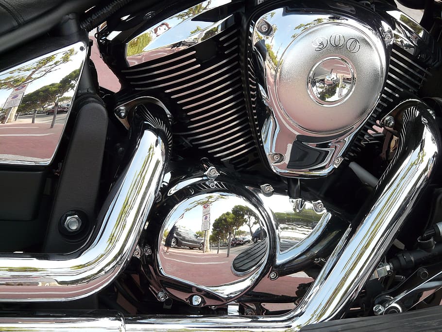 closeup, chrome motorcycle engine, motorcycle, chrome, technology, exhaust, metal, vehicle, metallic, silver