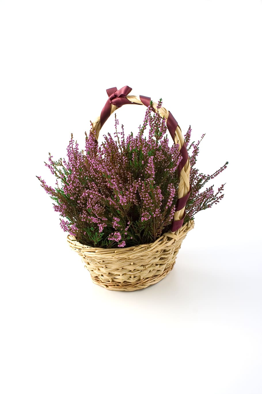pink, flowers arrangement, brown, basket, flower, flowers, baskets, heath, heather, bell
