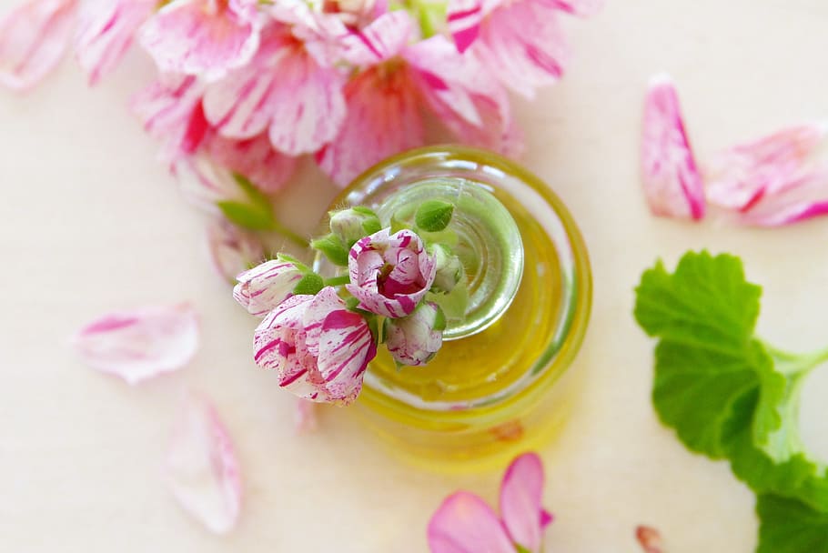 flor de pétalos de blanco y rosa, aceite, geranio, hojas, flores, aceites esenciales, fragancia, bendición, aroma, aromaterapia