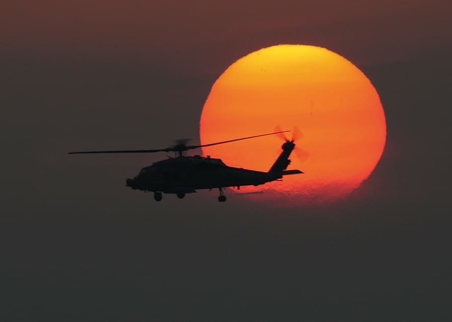 helicóptero, militar, sol, puesta de sol, silueta, halcón de mar, vuelo, avión, aviación, colorido