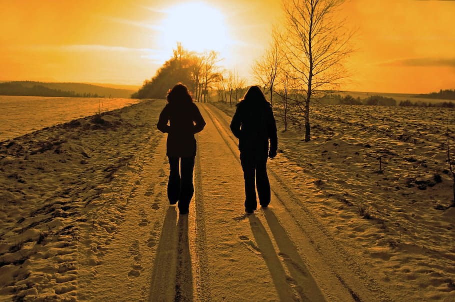 silhueta, 2 pessoas, caminhando, em direção a, pôr do sol, pessoa, estação do inverno, neve, paisagem, viagem