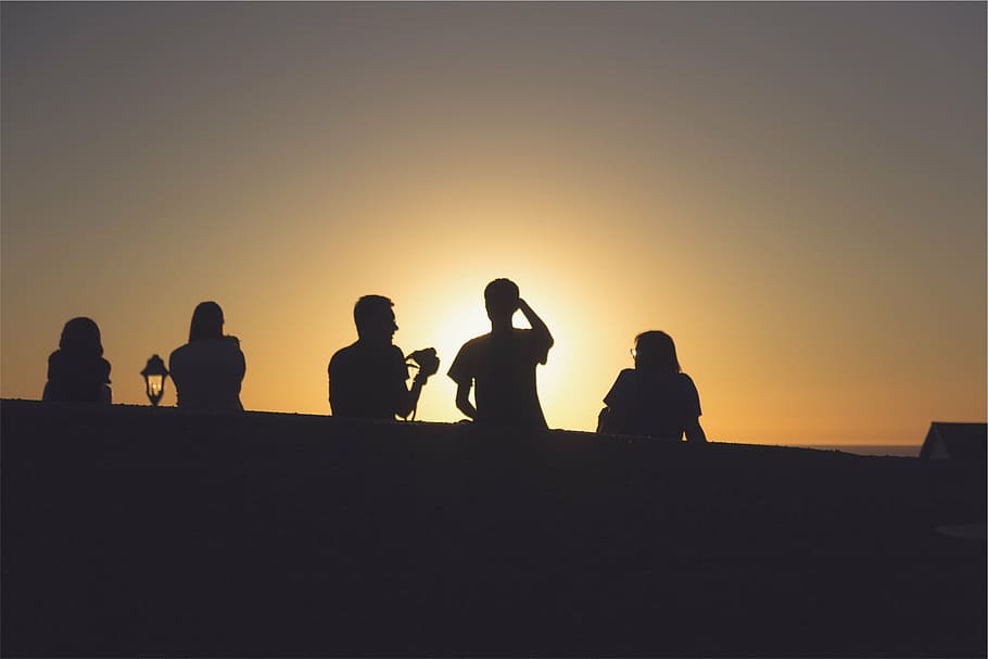 silhouette group, people, sunset, silhouette, five, person, dusk, friends, group, outdoors