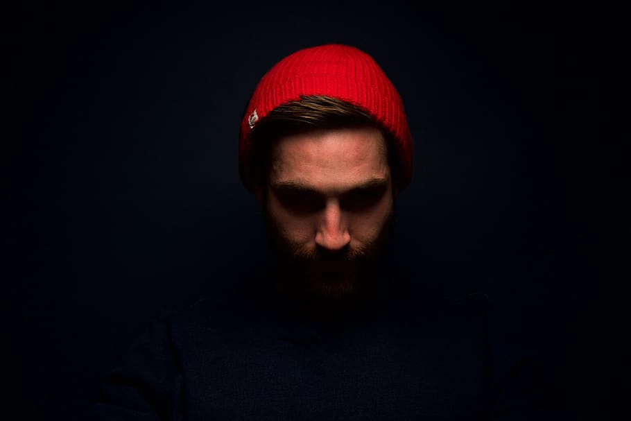people, man, guy, face, red, beanie, portrait, one person, studio shot, headshot