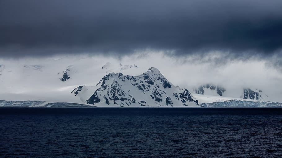 白, 山, 覆われた, 雪, 自然, 氷, 水, 空, 雲, 南極