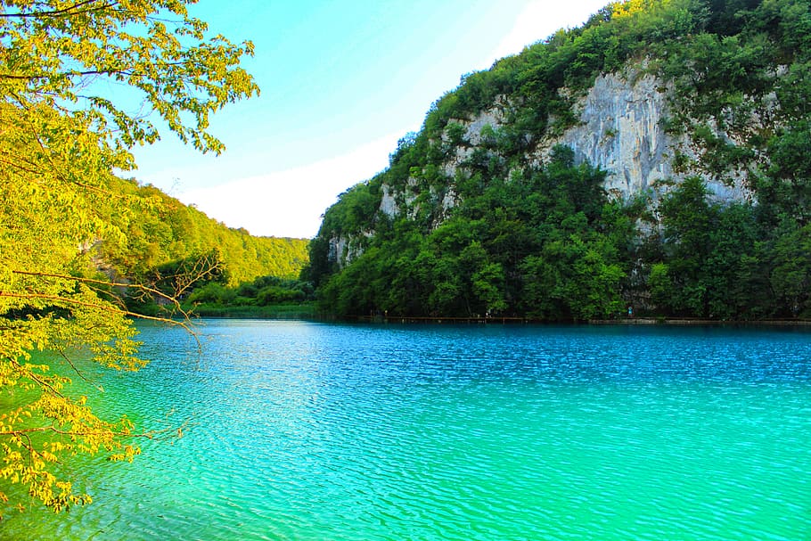 lake, paradise, croatia, plitvice, water, landscape, blue, nature, sky, summer
