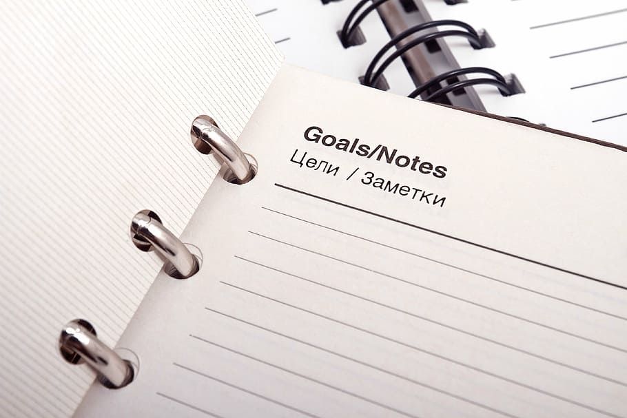 goals/notes notebook, diary, office, work, pen, notebook, goals, notes, planning, weekly