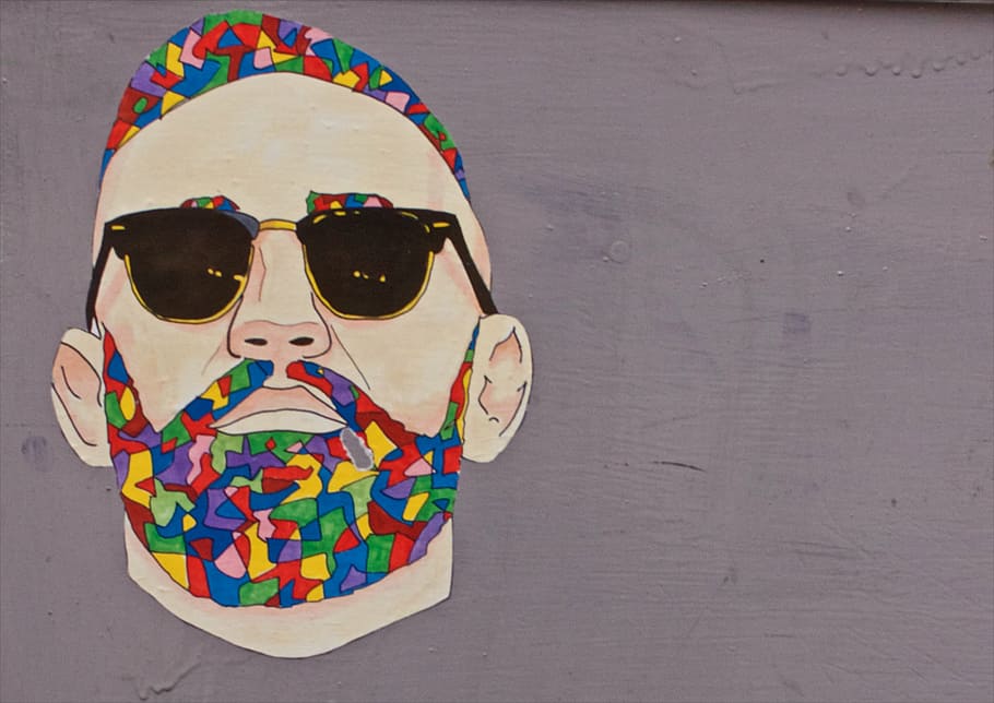man, wearing, black, sunglasses painting, sunglasses, assorted, color, hair, artwork, graffiti