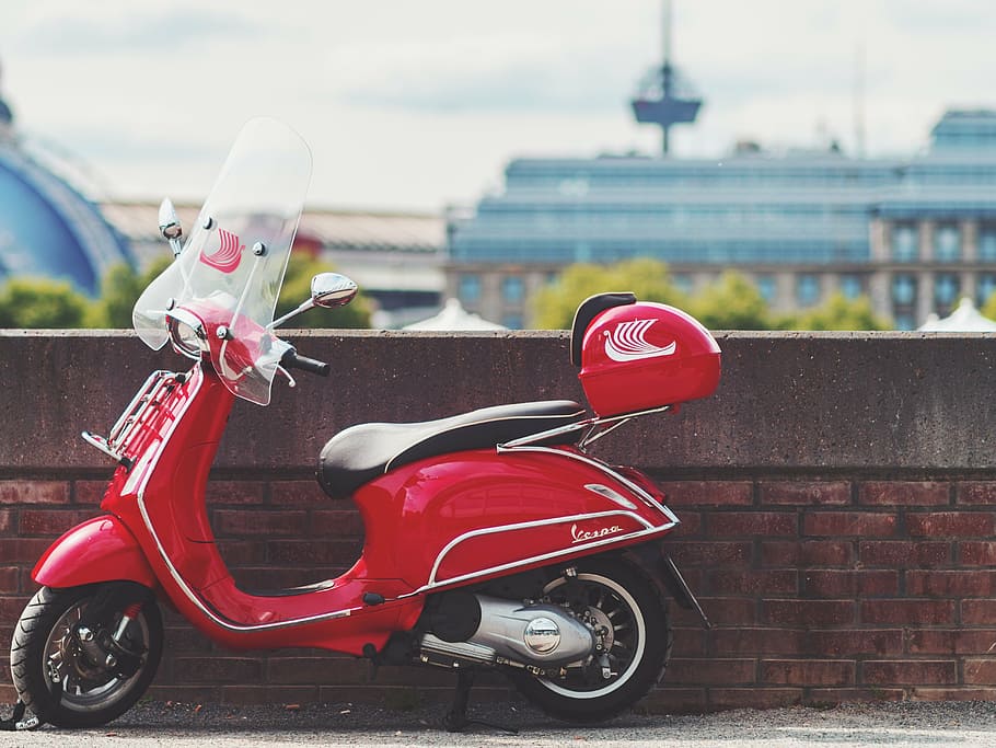 selective, focus photography, red, parked, wall, daytime, scooter, vehicle, travel, outside
