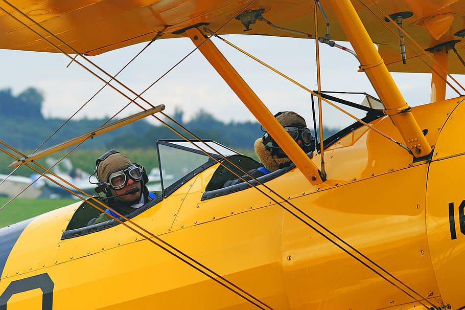 two, men, yellow, aircraft, daytime, oldtimer, take off, aviation, propeller plane, double decker