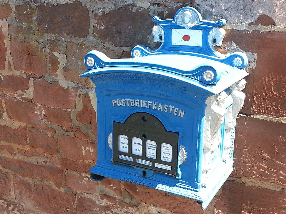 mailbox, post, blue, wall, old, masonry, historically, historic preservation, brick, stone wall