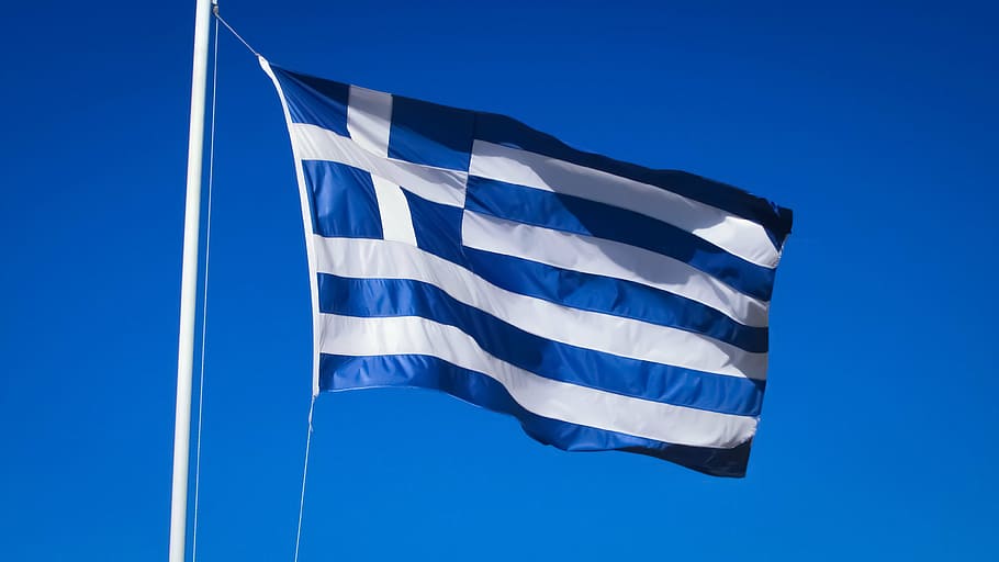 blue, white, striped, flag, daytime, greece, country, nation, greek, waving