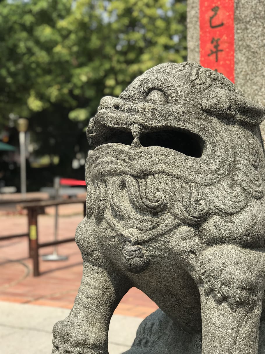 leões de pedra, 廟 -woo, shishi, guarda, leão, escultura, escultura em pedra, locais históricos, arte e artesanato, representação