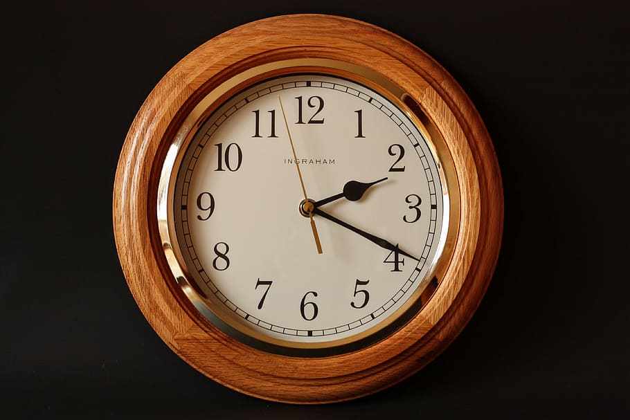 round, brown, analog wall clock, black, surface, alarm clock, classic, clock, dial, gold