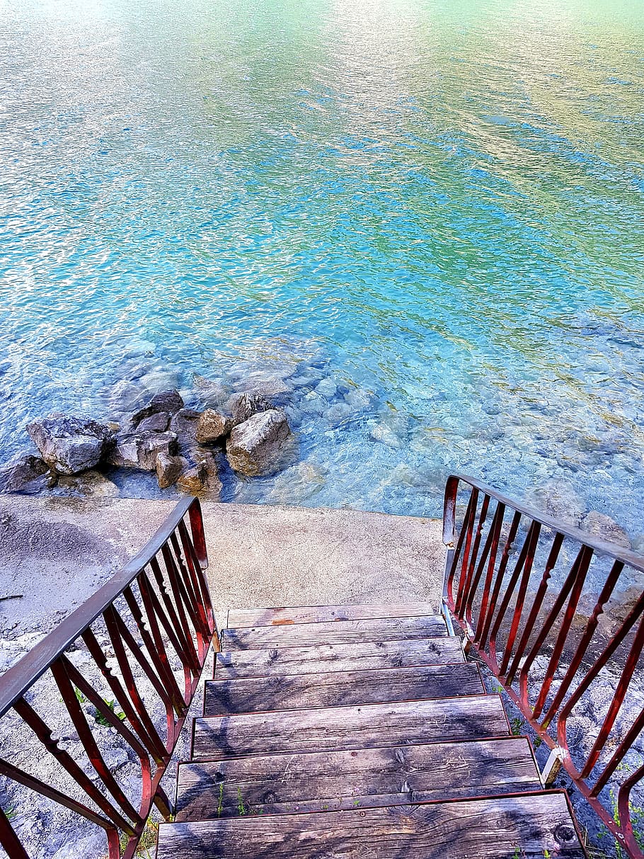 lake, water, stairs, summer, railing, nature, staircase, high angle view, beauty in nature, wood - material