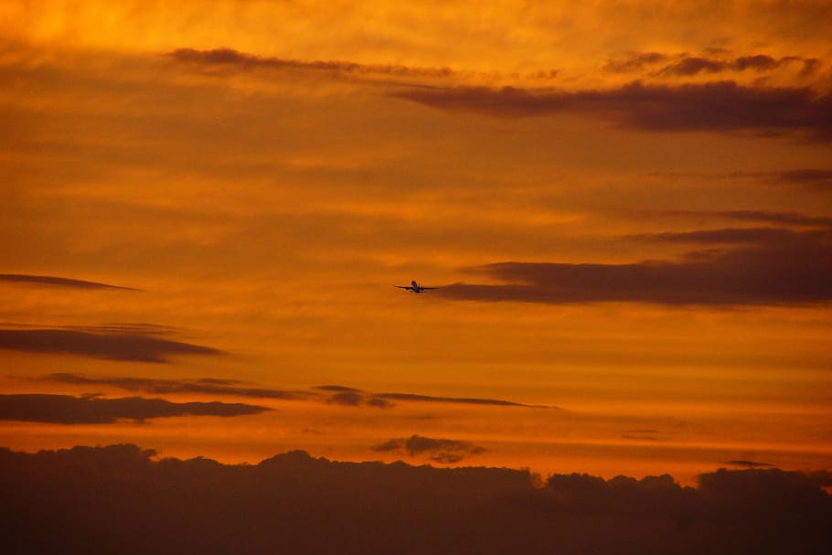 sunset, the dawn family, sky, the silhouette, the sun, the plane, cloud - sky, flying, silhouette, orange color