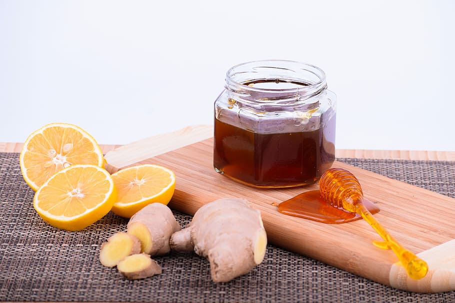glass jar, chopping, board, honey, lemon, food, healthy, ginger, organic, table