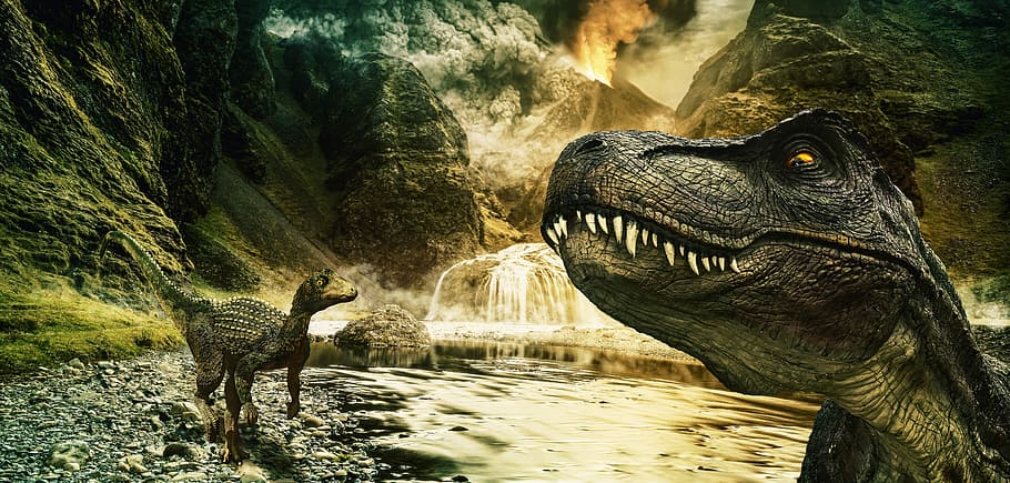 dinosaur digital wallpaper, dinosaur, t rex, raptor, tyrannosaurus, volcano, outbreak, prehistoric times, jurassic world, history