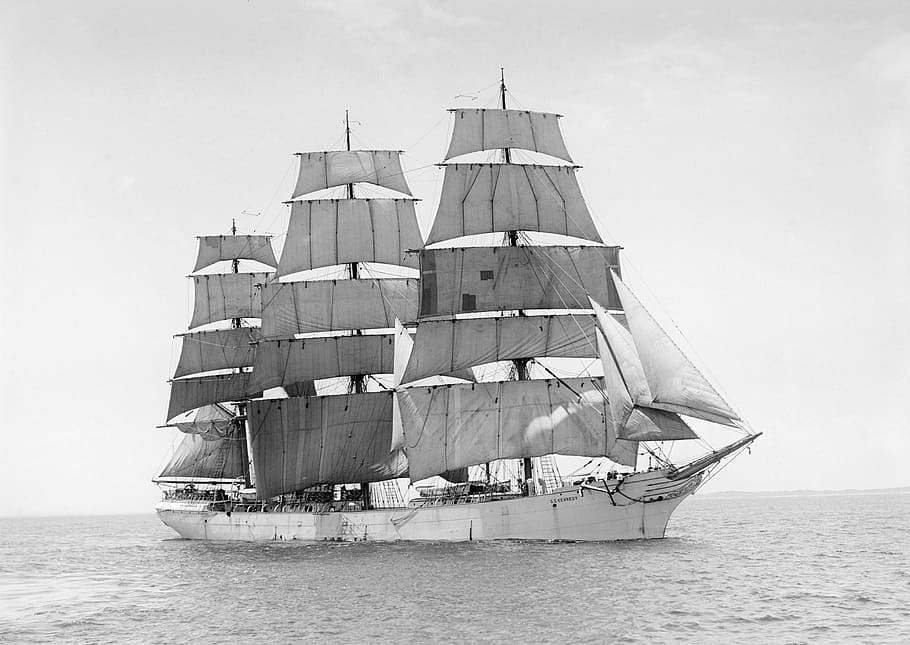 cinza, navio, corpo, agua, barco à vela, três mastros, gd kennedy, af chapman, 1915, sueco