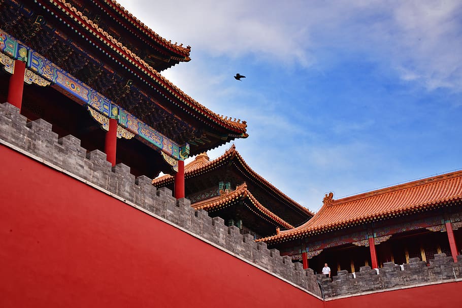 the forbidden city, beijing, ancient architecture, forbidden city, architecture, built structure, building exterior, red, roof, building