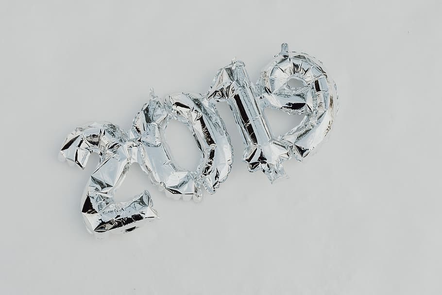 2019, globos, año nuevo, fiesta, números, plata, forma, nuevo, año, diamante: piedra preciosa