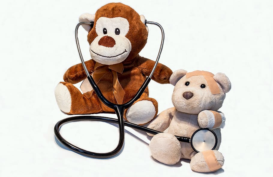 monyet, mewah, mainan, memakai, stetoskop, duduk, di samping, krem, beruang, boneka beruang