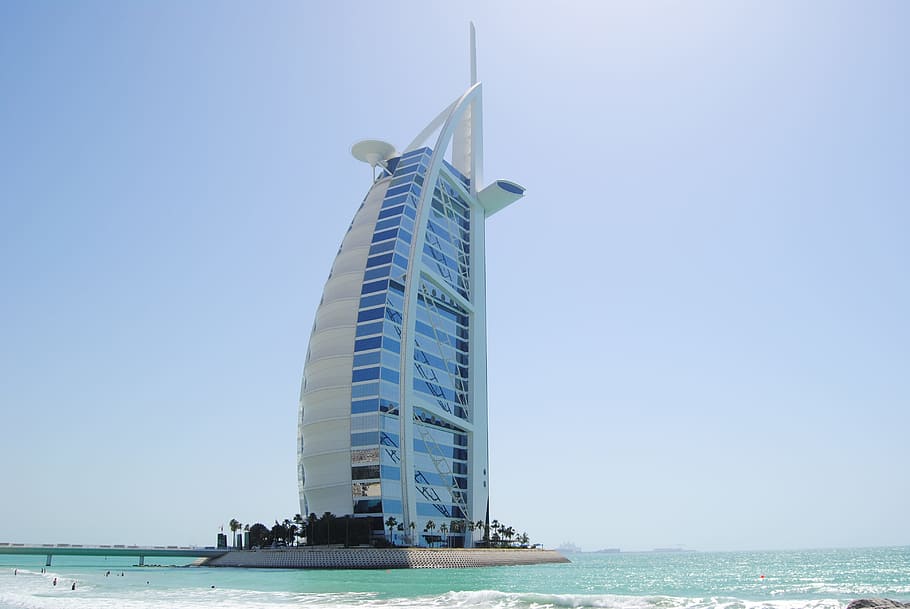 burj al arab, dubai, sailing a ship, building, uae, luxury, sea, water, sky, architecture