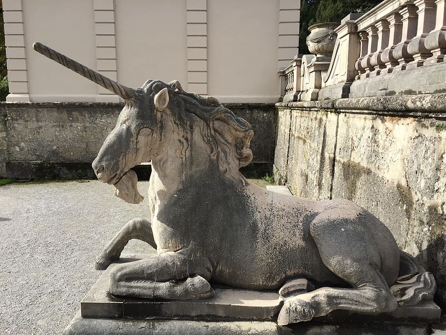 gray, concrete, statue, balustrade, daytime, Unicorn, Mythical Creatures, Salzburg, austria, stone figure