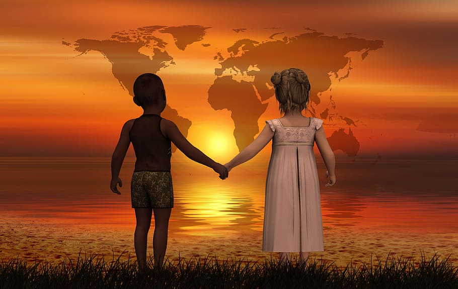 girl, boy, holding, others hands, watching, sunset, children, forward, skin color, harmony