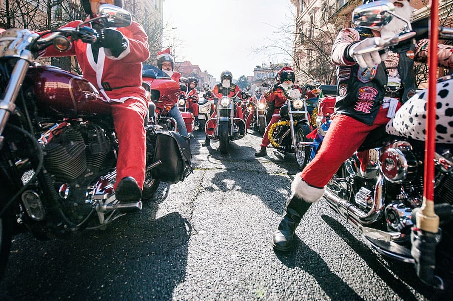 motociclista, papai noel, natal, vermelho, santa, inverno, férias, dezembro, festivo, tradição