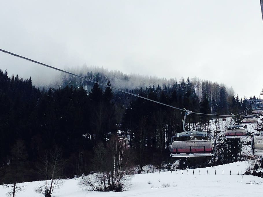 cable car, snow, covered, mountain, cable, car, fields, sky, trees, plants