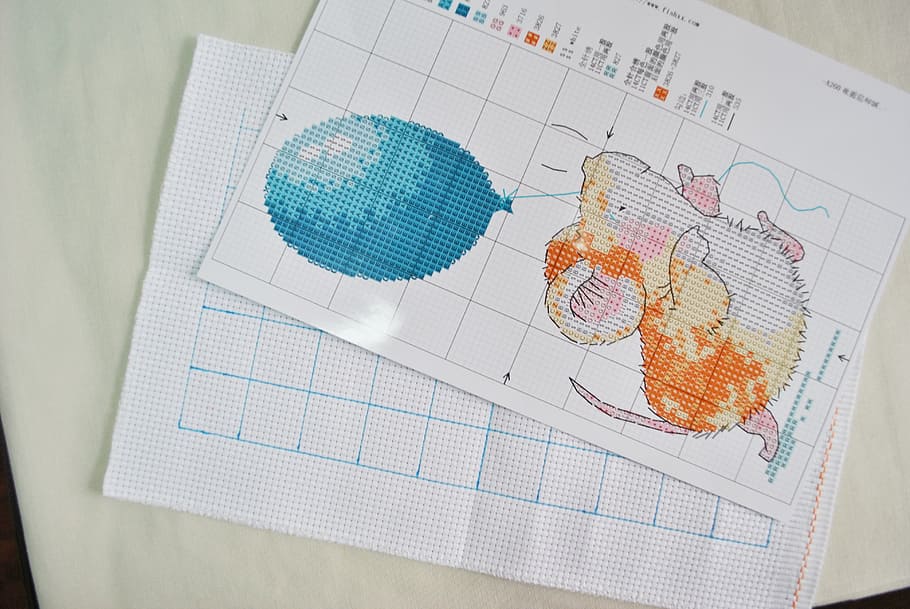 cross stitch, cartoon version, printed fabric, little mouse, balloon, run, chart, paper, diagram, close-up