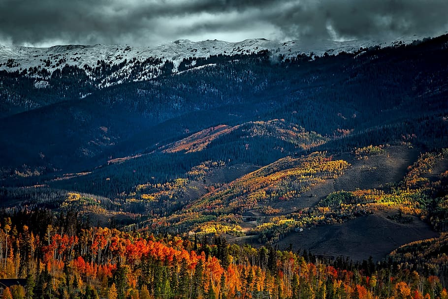 montañas rocosas, colorado, rockies, nieve, cielo, nubes, valle, barranco, otoño, colorido