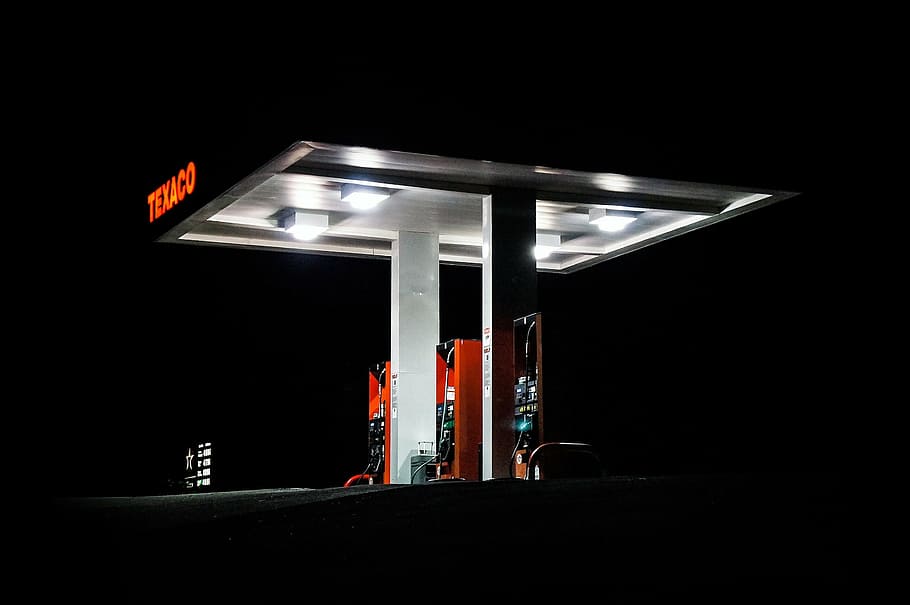 texacoガソリンスタンド, ライト, 夜間, シルエット, 写真, texaco, ガス, 駅, 暗い, 夜