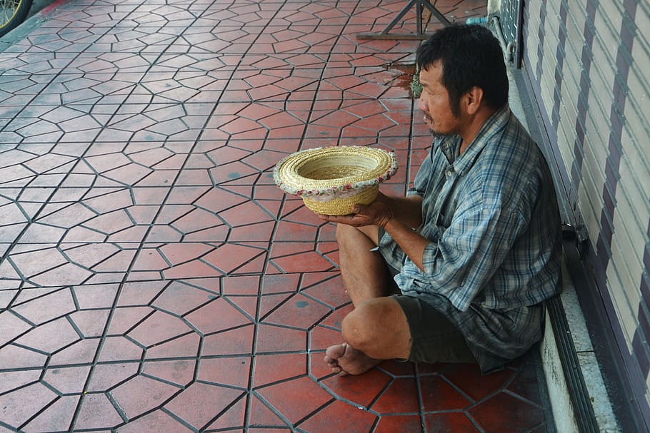 man, sitting, brown, ceramic, tiles, beggar, begging, street, poverty, homeless