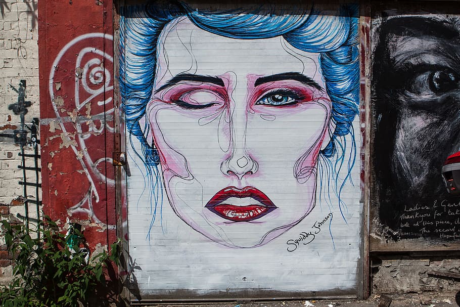 street art photo, person’s, person ’s face, captured, east, london, canon dslr, Street art, person, face