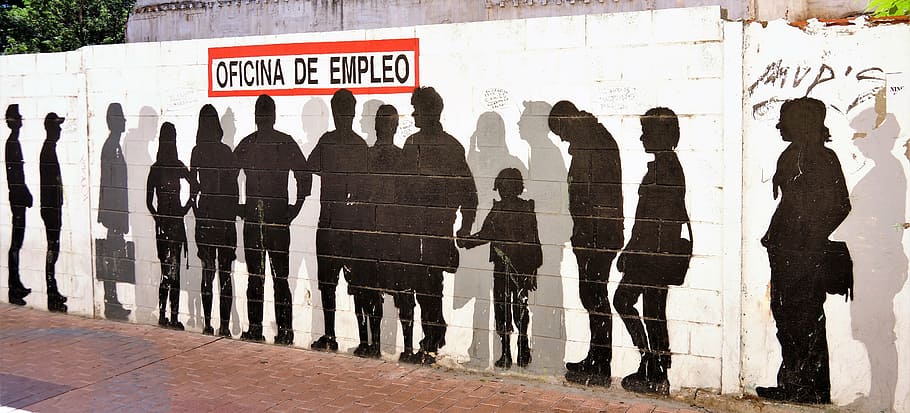 wall art, employment, queue, graffiti, spain, text, western script, group of people, architecture, day