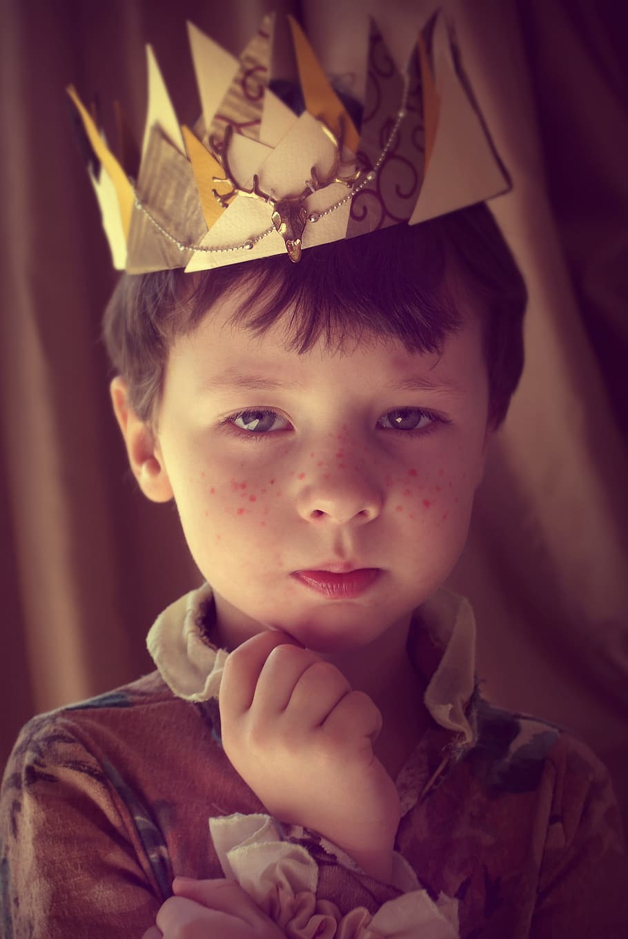 boy, brown, collared, ruffled, top, crown portrait photo, prince, kids, magic, crown