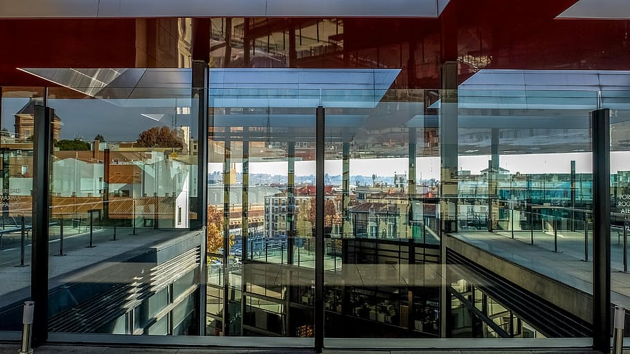 glass, reflection, architecture, modern, madrid, window, glass - Material, built Structure, indoors, transparent