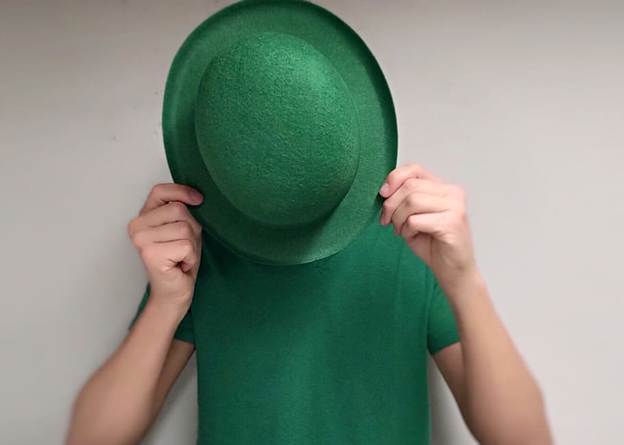 person, wearing, green, shirt, covering, face, hat, irish, st patricks day, one person