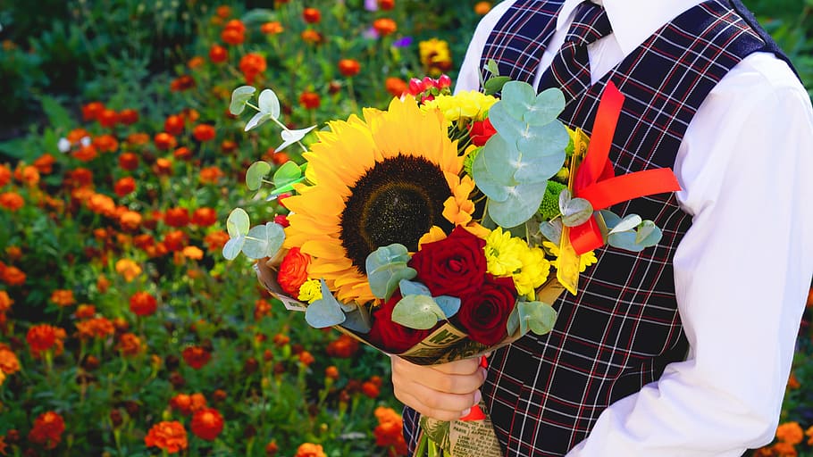 man, holding, assorted-color flower bouquet, lessons, smart, student, school, classes, handsome, uniform