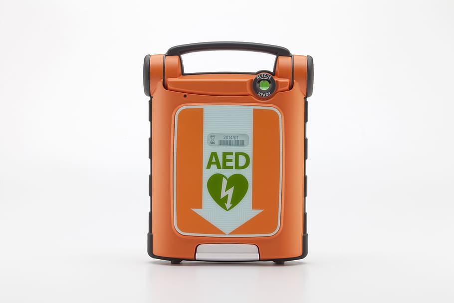 rectangular, orange, white, wireless, portable, device, Aed, Defibrillator, powerheart, cardiac arrest