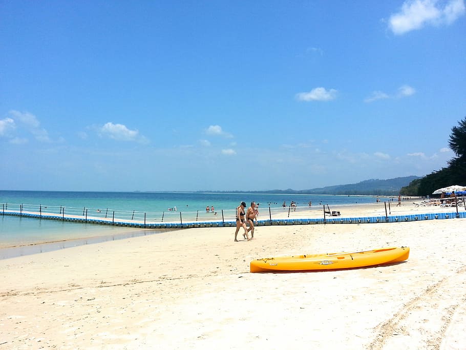 yellow, kayak, beach, people, walking, white sand, thailand, holiday, khao lak, summer