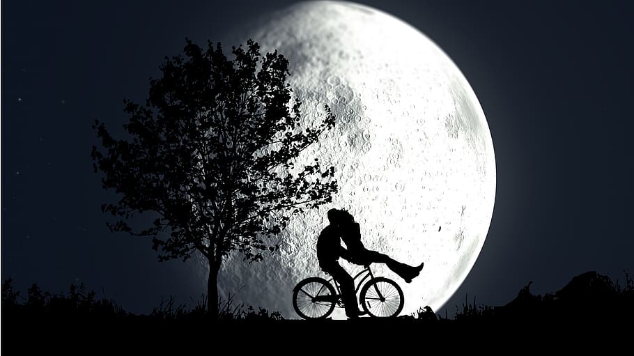 night, moon, couple, bike, nature, dark, landscape, blue, sky, silhouette