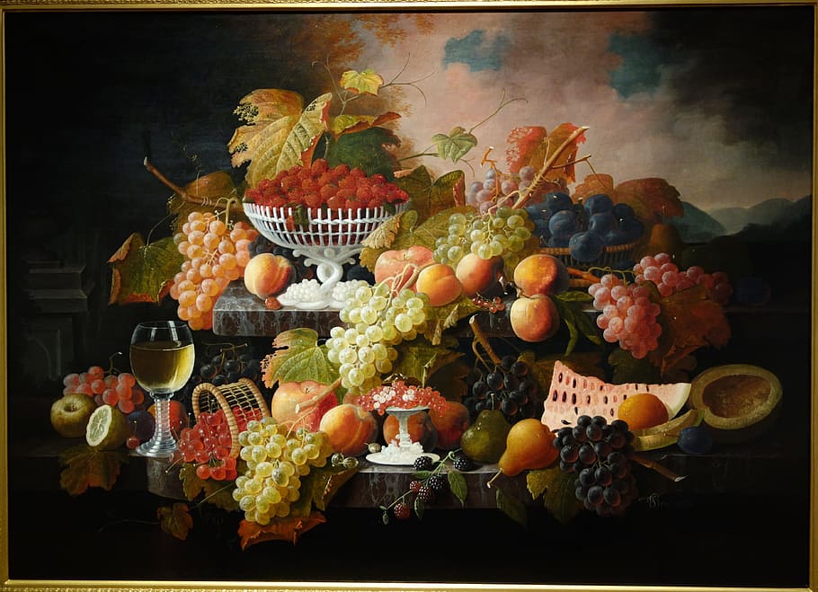 pintura de bodegones, frutas, abundancia de frutas, severin roesen, óleo, lienzo, museo de arte americano de nueva gran bretaña, imagen, arte, comida y bebida