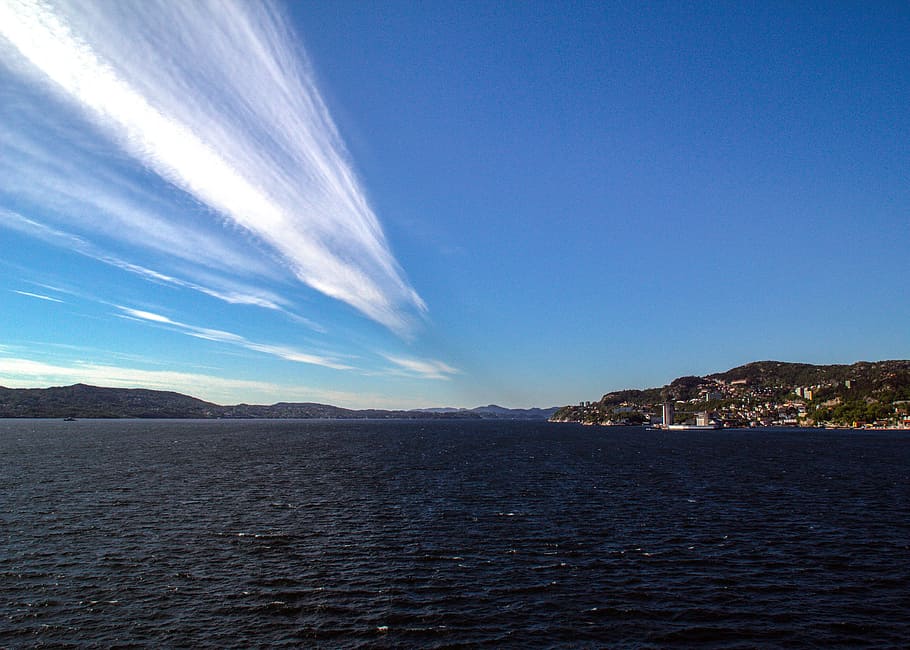 body, water, cloudy, sky, daytime, Norway, Bergen, Sea, Fjord, Clouds