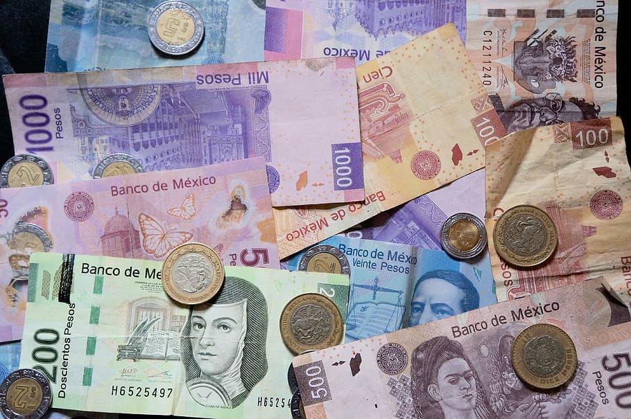 банкнота, лот монет, мексиканские песо, веса, деньги, билет, мексика, бумажная валюта, валюта, финансы