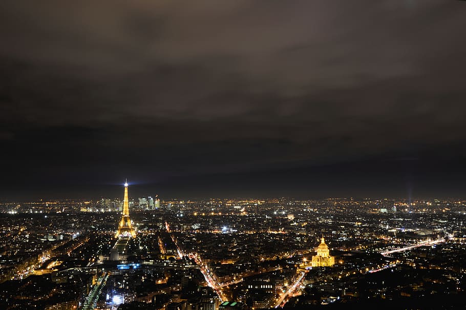 aerial, photography, eiffel tower, city, vista, paris, monument, night, city view, landscape