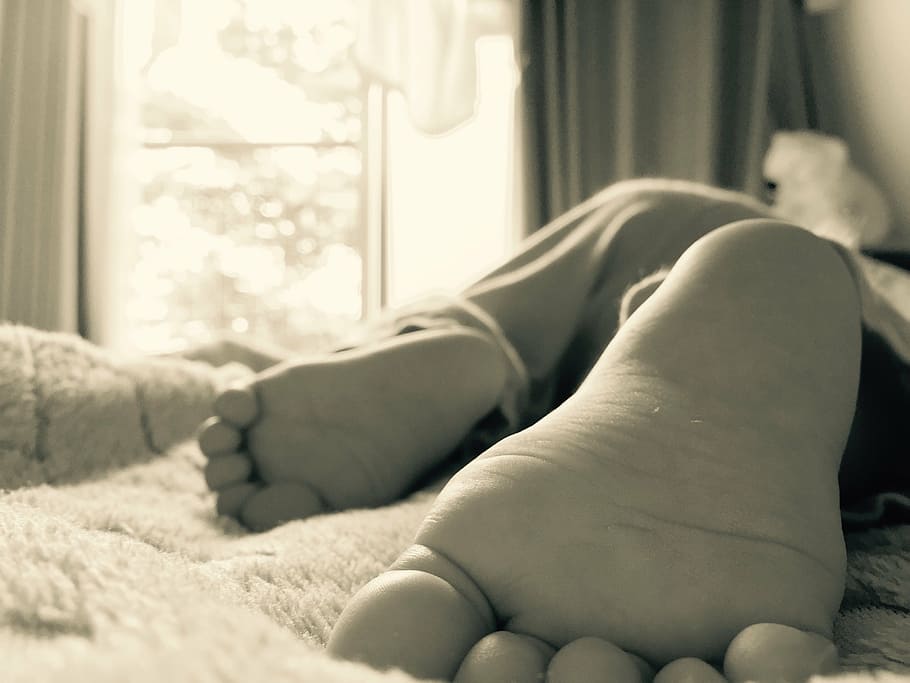 sleeping child, feet, window, one person, indoors, adult, domestic room, lying down, furniture, barefoot