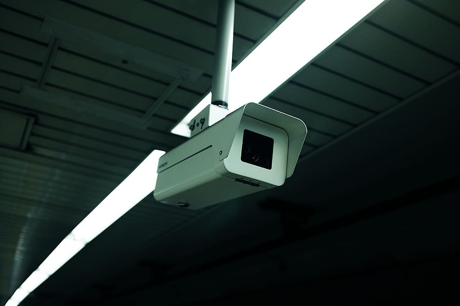 white security camera, cctv, camera, security, safety, ceiling, architecture, built structure, low angle view, indoors